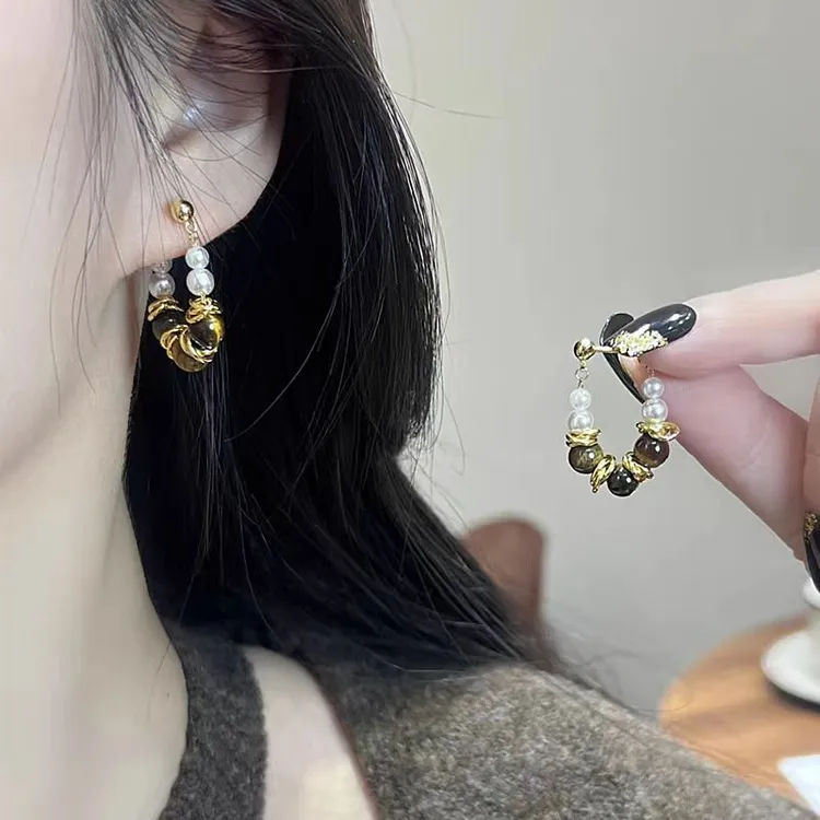 925银针耳饰咖色串珠耳环女小众设计感时尚气质ins百搭精致耳钉