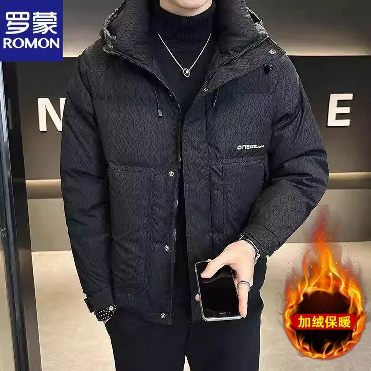 Romon/罗蒙冬季保暖加厚连帽中长款保暖印花男士冬季短款羽绒外套
