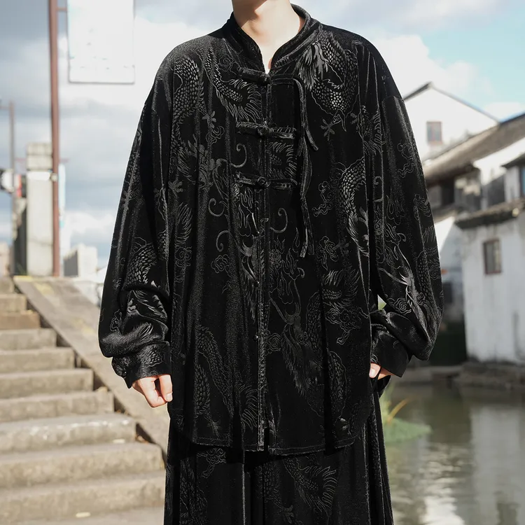 唐装男外套金丝绒上衣新中式国风太极服龙纹提花高级感宽松夹克潮