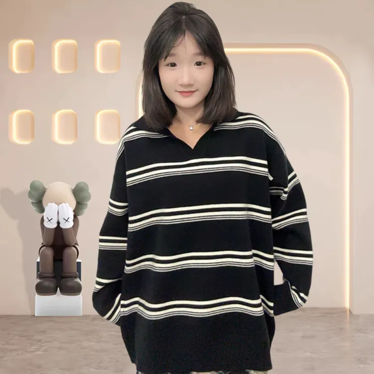 2025爆款情侣秋季翻领休闲毛衣针织衫套头衫时尚黑色条纹秋冬冬季