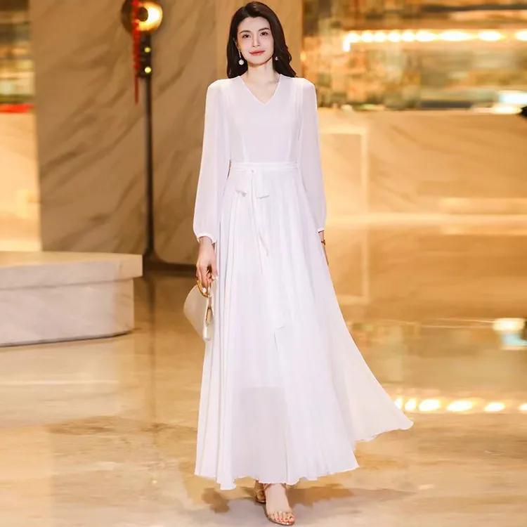 2025雪纺新款时尚显瘦气质雪纺收腰长裙过膝大摆连衣裙女沙滩裙子
