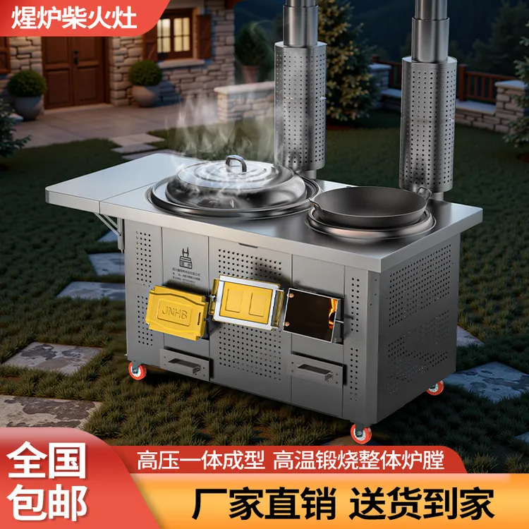 煋炉农村家用柴火炉户外柴火灶烧木柴无烟不锈钢新式火炉子双锅灶