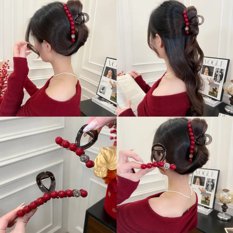 新款石榴珠珠发夹高级感百搭时尚减龄后脑勺马尾夹鲨鱼夹发饰