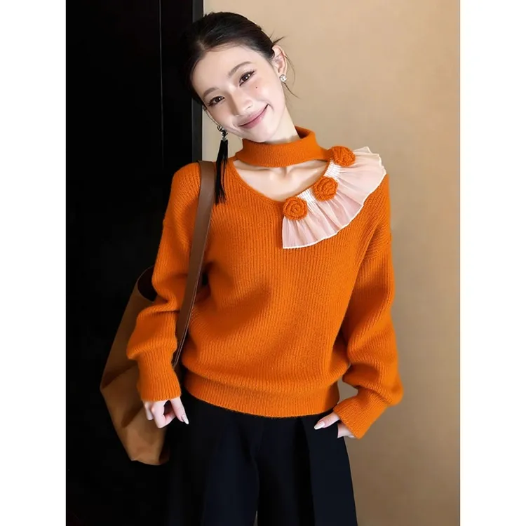 2025冬高级感超好看软糯慵懒风减龄独特别致小香风绝美橘色毛衣女