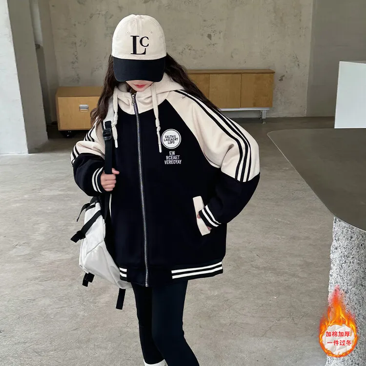 女童秋冬装夹棉棒球服外套2025新款韩版初中生加厚保暖拼接棉服潮