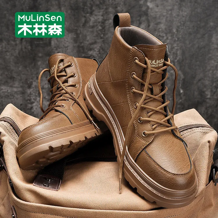 木林森男鞋休闲皮靴潮流商务新款系带2025秋冬季马丁靴复古百搭