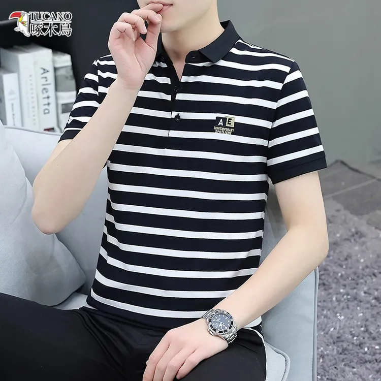 TUCANO/啄木鳥夏季男士95%棉条纹POLO衫短袖T恤男装翻领透气修身