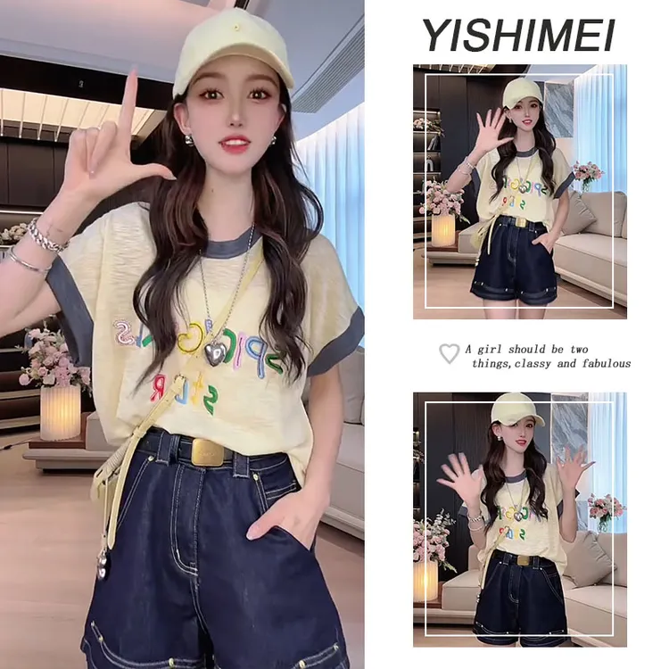 今年流行两件套2025年夏季新款韩系百搭减龄短袖上衣显瘦短裤套装