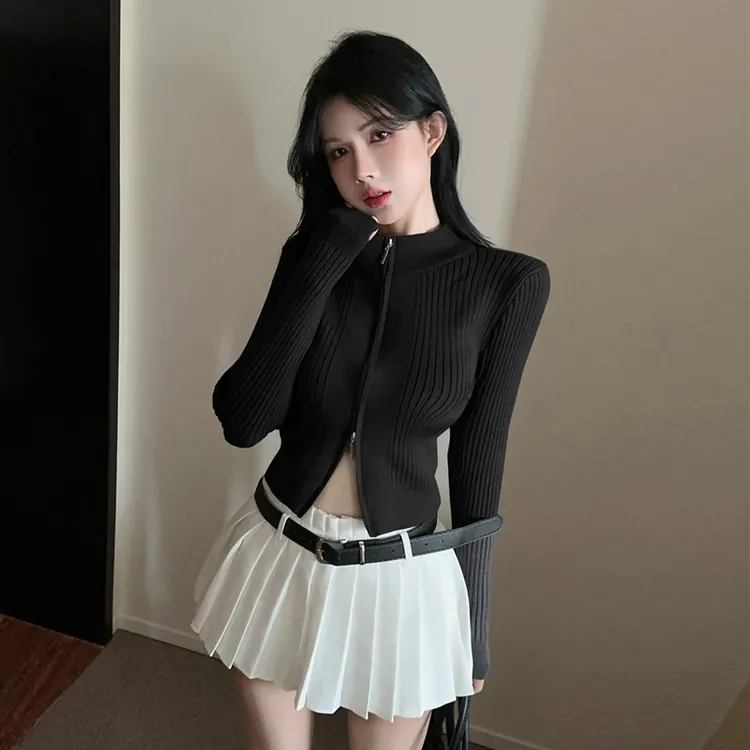 秋冬女款设计感短款修身针织开衫辣妹双拉链头外套内搭拉链小上衣