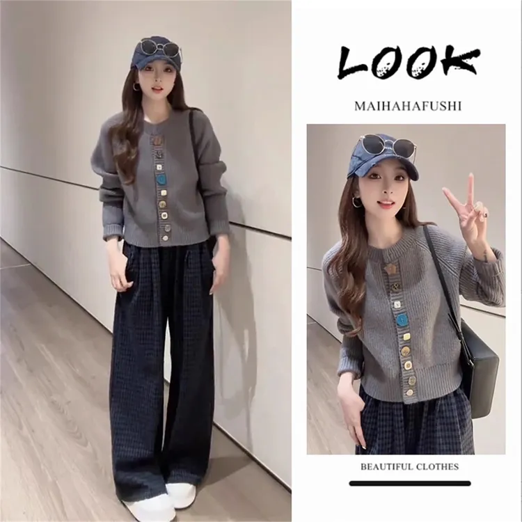 秋季韩系套装女2025新款慵懒风针织开衫搭配显瘦休闲格子裤两件套