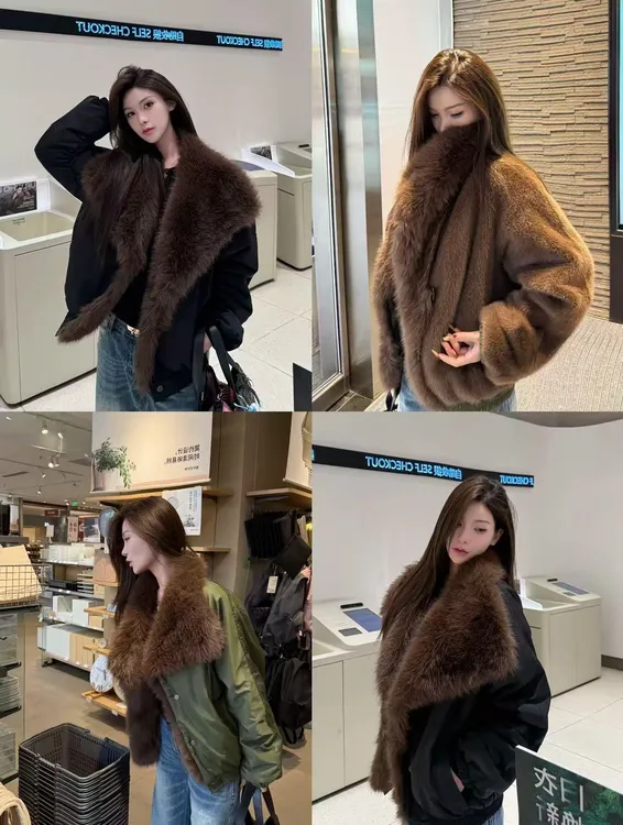 “街头暖炉”厚款简约拼接显瘦双面穿时尚短外套大毛领