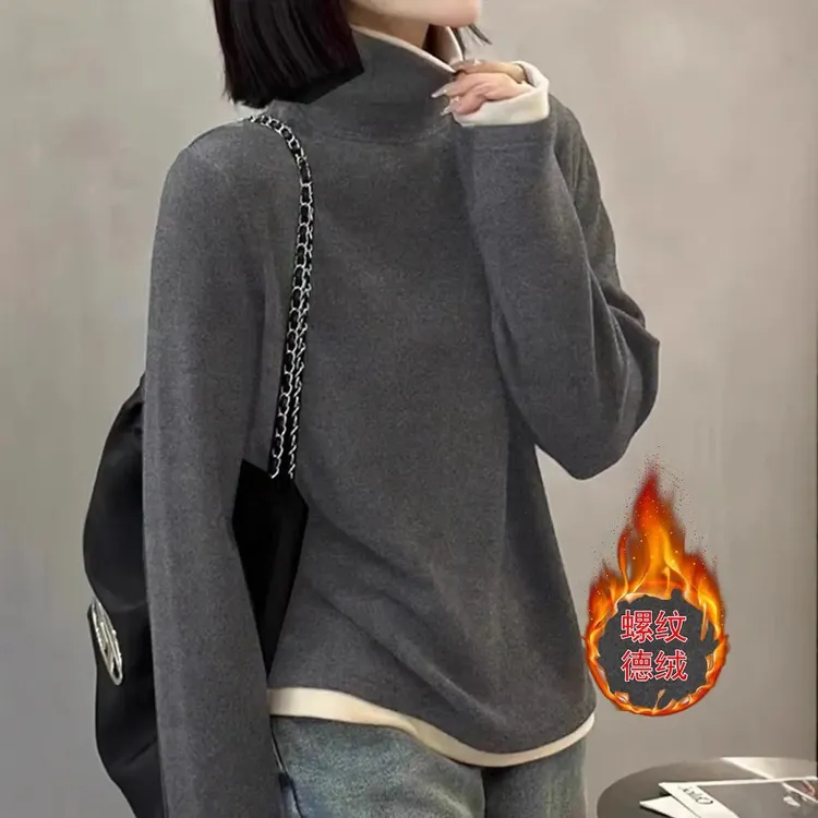 冬季双面绒保暖打底衫上衣女士2025新款休闲百搭大码撞色高领内搭