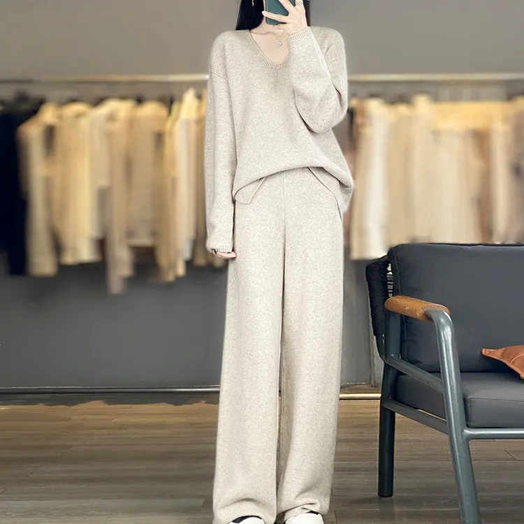 100%纯羊毛衫针织套装女V领套头毛衣松紧腰宽松阔腿休闲裤两件套