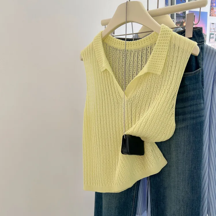 冰丝亚麻针织POLO领无袖坎肩背心女2025夏季新款时尚百搭洋气上衣