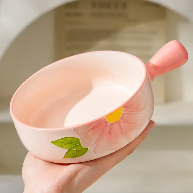 清晨物语6英寸1碗1勺陶瓷高温釉下彩手绘浮雕手柄碗小清新面碗