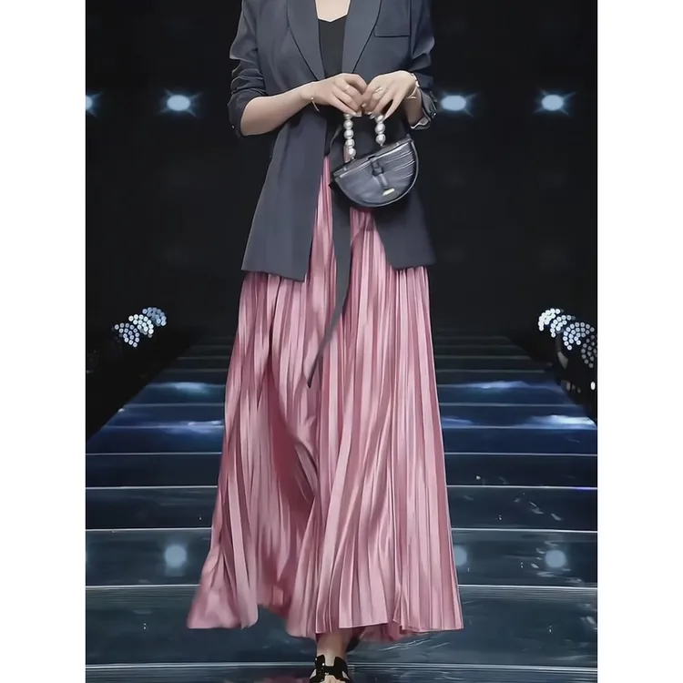 粉色半身裙女秋冬新款欧洲站时尚气质百褶裙高级洋气长款a字裙子