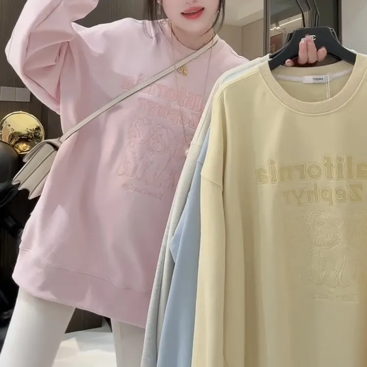 圆领重工春季百搭学院风女装春季卫衣印花字母连帽上衣