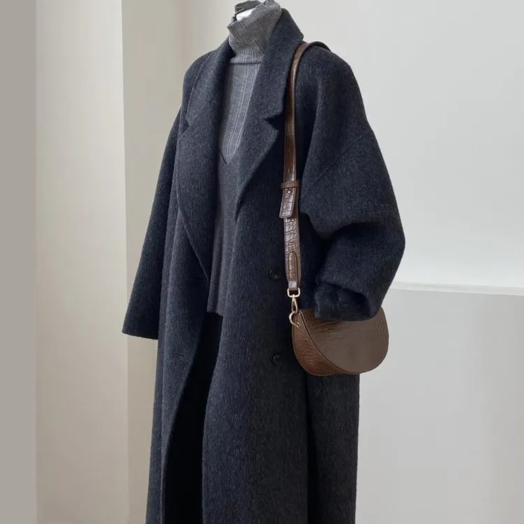 韩系高端毛呢大衣女英伦风宽松中长版长毛气质双面羊羊毛呢外套