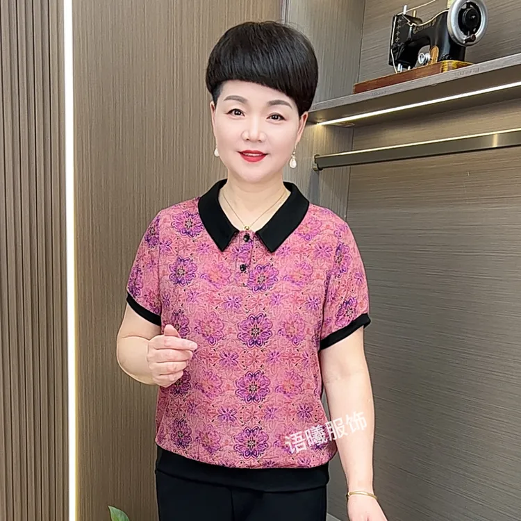 植物花卉翻领经典时尚中老年女装印花小衫休闲洋气短袖F9017