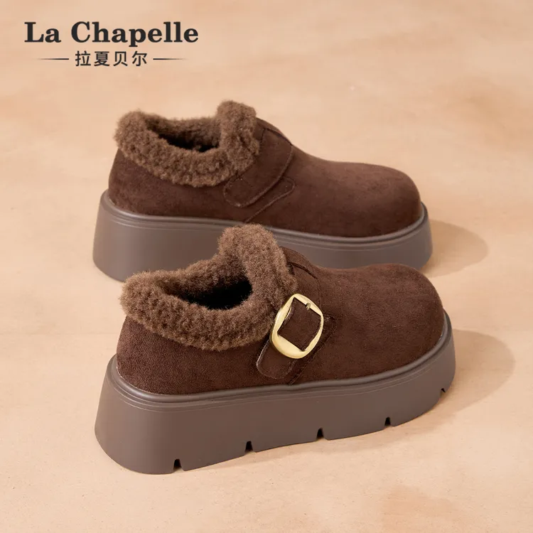 拉夏贝尔鞋子女款秋冬毛毛魔术贴厚底增高百搭高级勃肯棉鞋
