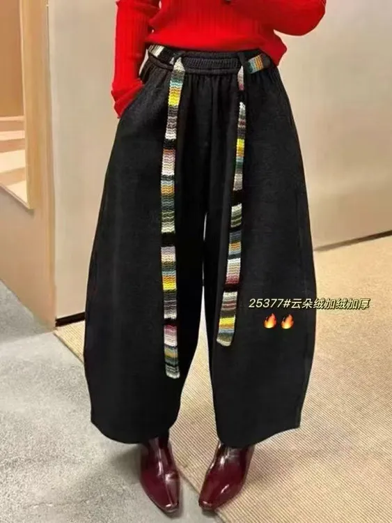 毛呢九分阔腿裤加厚女欧洲站2025秋季韩版宽松休闲弯刀裤加绒秋冬