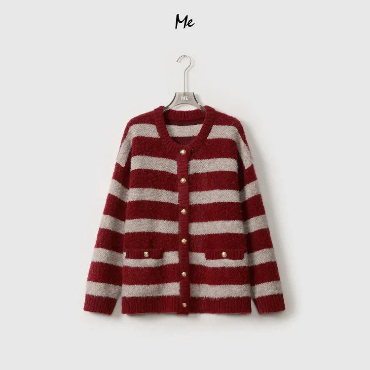 ME【CE条纹开衫】绵羊毛混纺双色圈圈纱保暖百搭针织毛衣MEQA4376