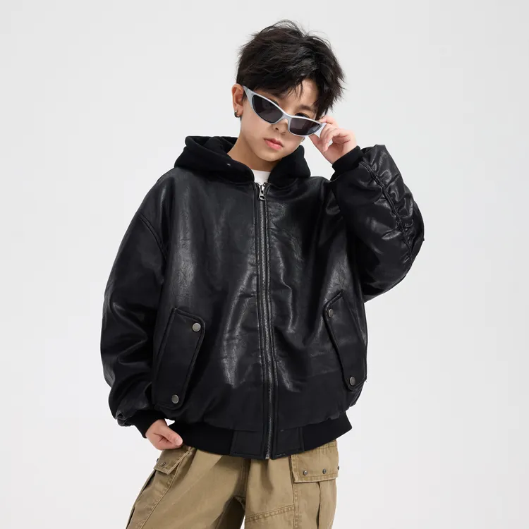 【现货现发】男童冬季机车风防水加绒皮衣2025款加厚连帽棉服6348