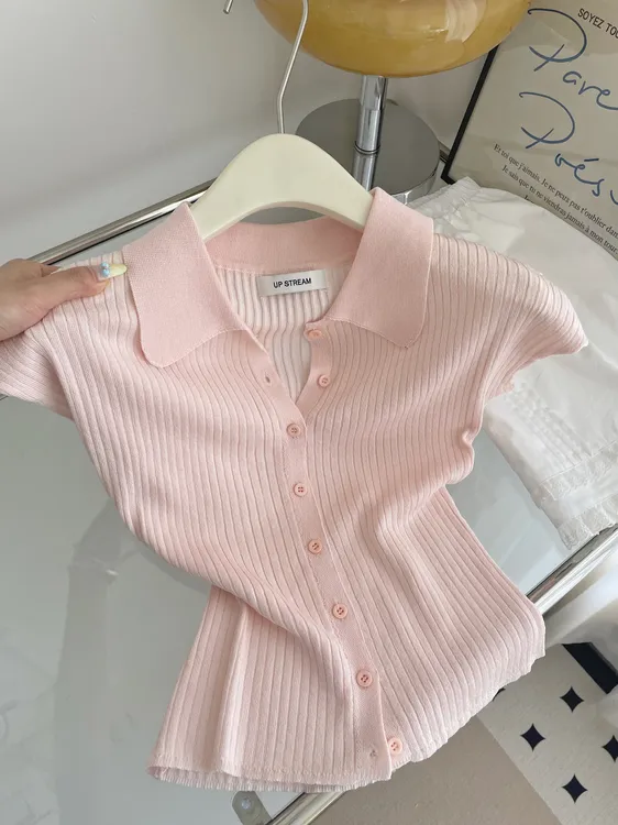 法式甜美粉色娃娃领短袖针织开衫女夏季新款减龄百搭修身显瘦上衣