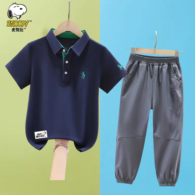 史努比男童套装夏装2025新款中大童男孩polo衫短袖速干长裤两件套