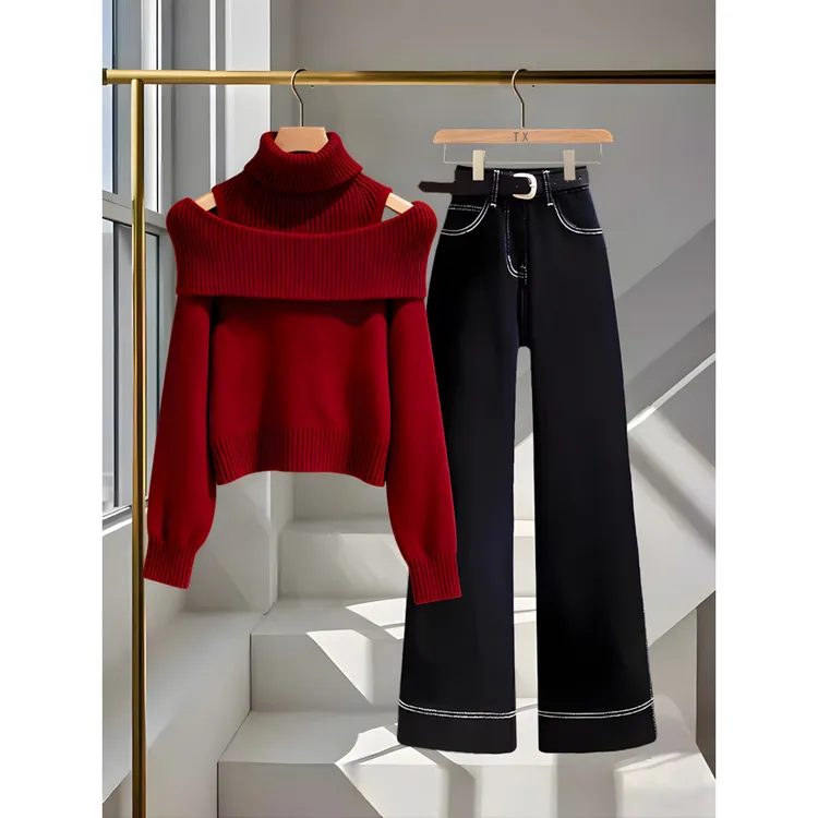 秋冬2025新款韩系堆堆领套头红色针织衫上衣牛仔直筒裤套装女爆款