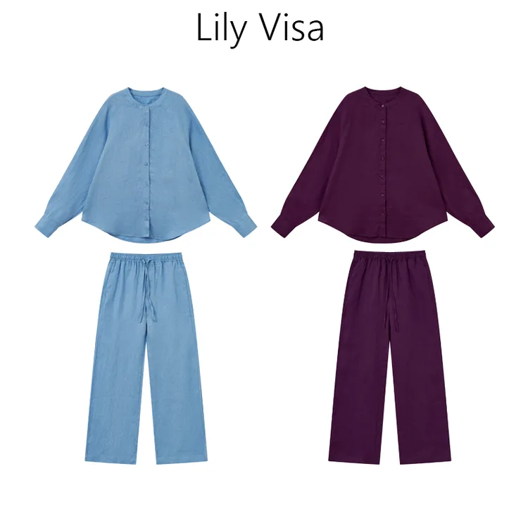 【Lilyvisa】初秋100%亚麻衬衫长裤老钱风防晒衬衣女装禅意仙气套装