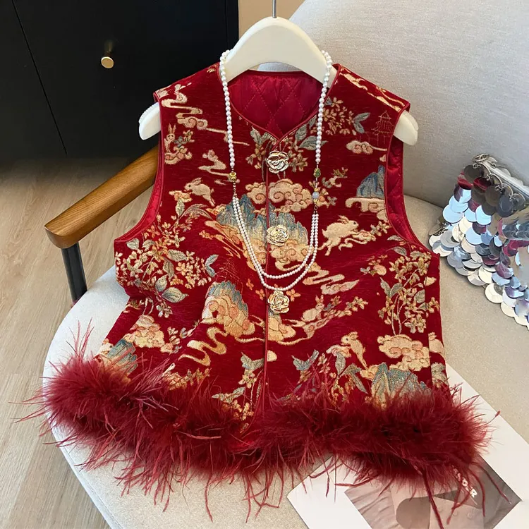 红色国风马甲新中式毛毛马夹重工提花坎肩背心秋冬夹棉女款外套