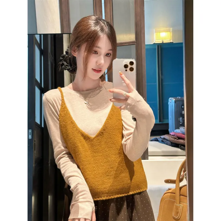 韩系慵懒随性穿搭设计感立体撞色背心两件套长袖T恤女上衣2025秋
