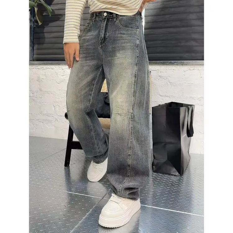 YULE语乐/25316美式复古水洗牛仔裤冬季加厚休闲宽松直筒微弯刀裤