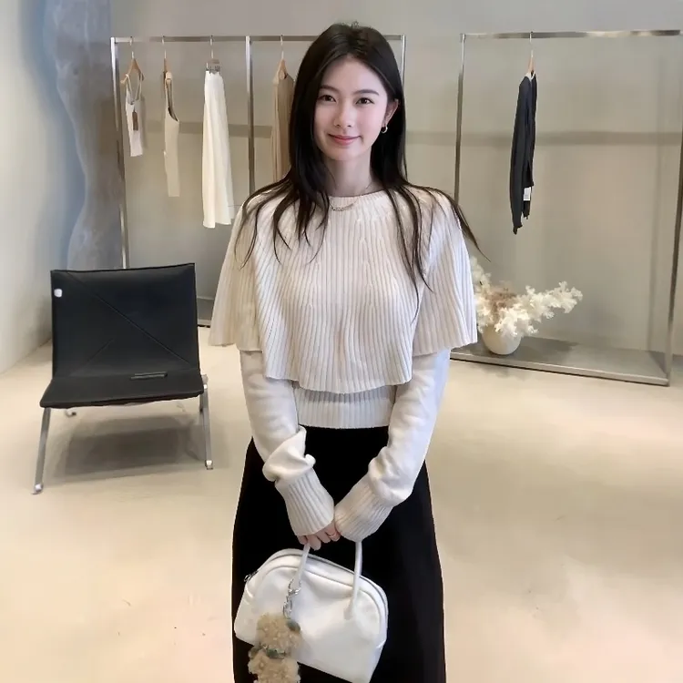 韩系温柔风假两件披肩斗篷针织衫女秋冬新款气质修身显瘦毛衣上衣