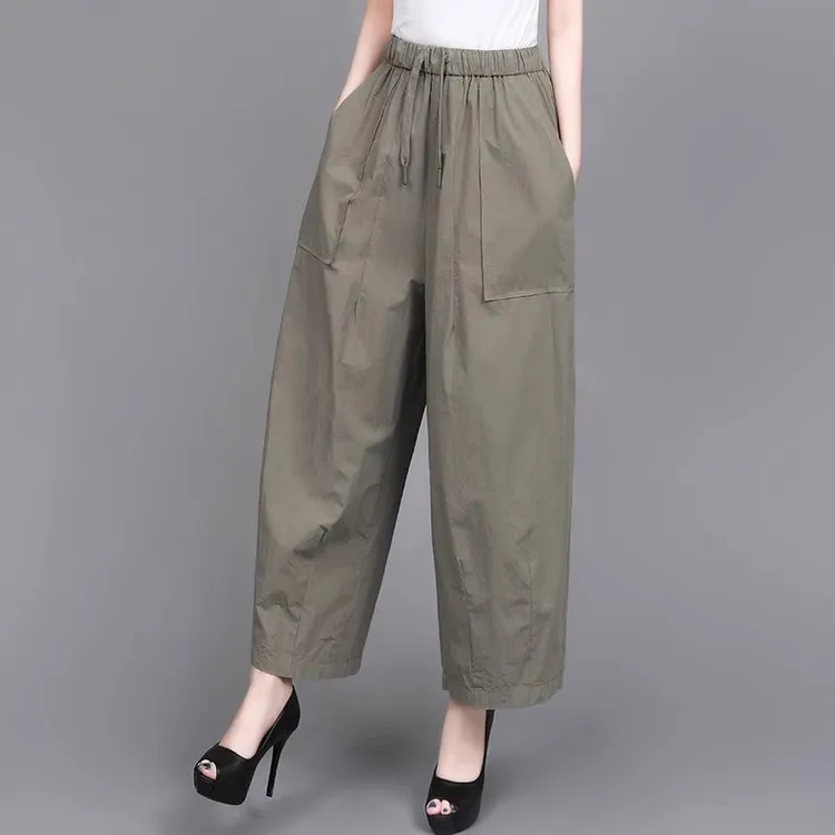 阔腿裤女春夏新款2025纯棉宽松大码高腰显瘦透气垂感九分休闲裤子