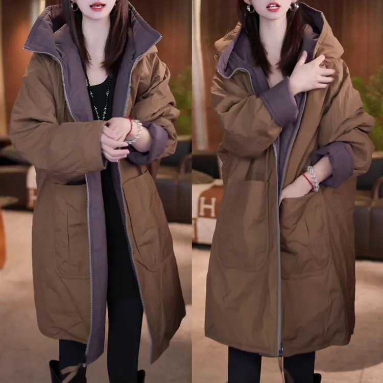 时尚休闲宽松显瘦加厚保暖棉衣2025秋冬季气质双面穿连帽棉服外套