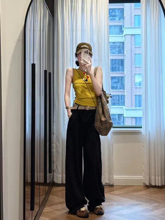 2025夏季新款韩系简约斜肩无袖上衣高腰显瘦百搭休闲裤两件套装