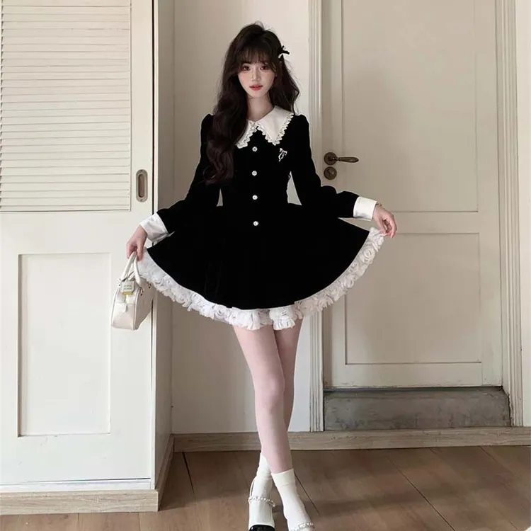 【有里布】法式黑色丝绒连衣裙女富家千金蕾丝拼接小黑裙TX0194