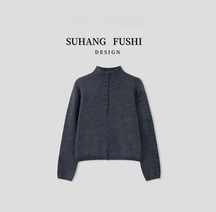 【多扣立领】巨洋气 宽松秋冬纯色半高领纽扣毛衣长袖针织打底衫