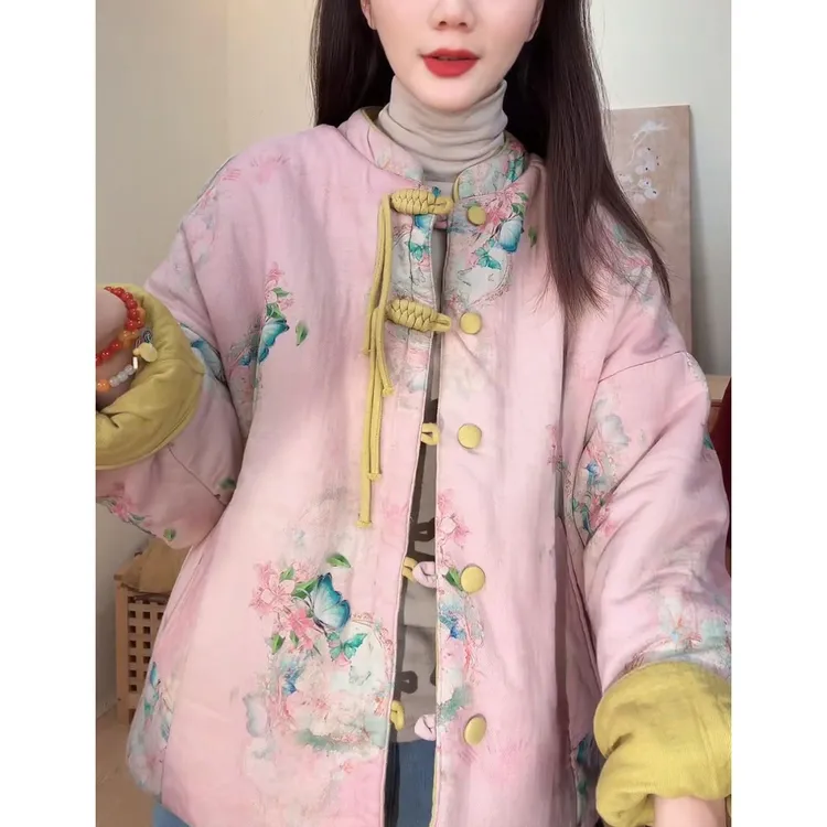 新中式印花显白国风圆领2025秋冬新款国风双面双穿保暖棉衣外套女