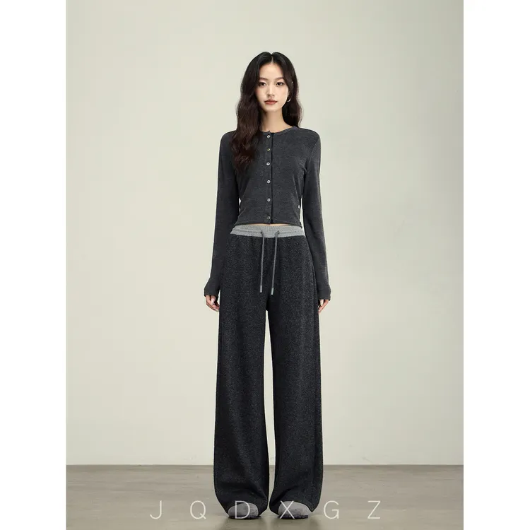 灰色拼接羊毛裤子显瘦休闲裤女秋冬宽松高腰直筒裤子25DK8021