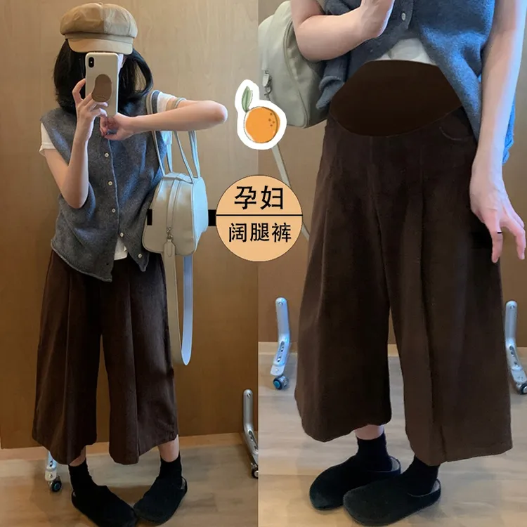 孕妇咖色灯芯绒八分裤女2025秋季新款高腰休闲复古直筒裤秋冬裤子