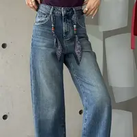 新款高腰丝巾显瘦直筒阔腿牛仔裤36737