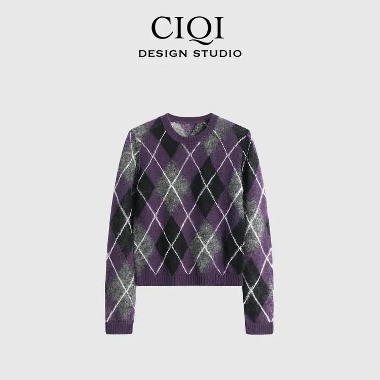 CIQI STUDIO【艺术图案】菱格绵羊毛软糯撞色时尚针织毛衣YC24608