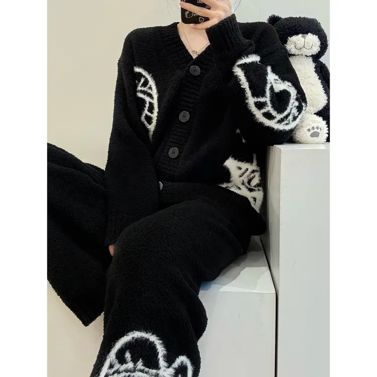 宽松休闲甜美爱心半边绒睡衣女秋冬2025新款百搭小众加厚保暖居家