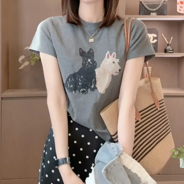 T恤高腰显瘦夏装时尚夏季印花减龄圆领韩版小众T恤