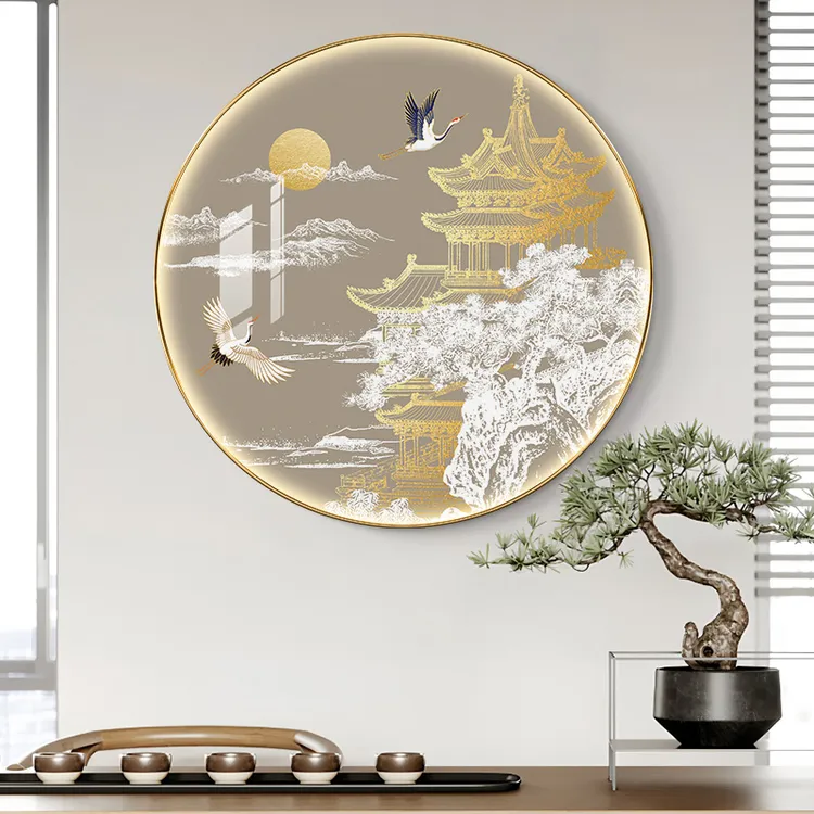 新中式圆形装饰画阁楼玄关挂画大气入户走廊茶室书房客厅餐厅墙画