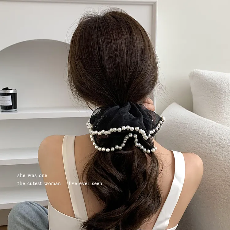 赫本风超大号网纱仿珍珠大肠发圈女头绳扎头发绳丸子头发饰橡皮筋