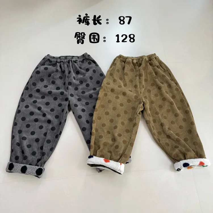 花小花自制波点灯芯绒加绒休闲裤
